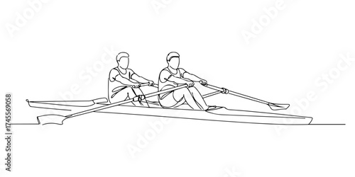 Continuous one line drawing of rowers in a racing rowing, representing teamwork, effort, and speed, vector illustration style.