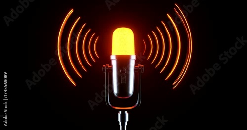 Vintage microphone emitting sound waves in a dark studio setting