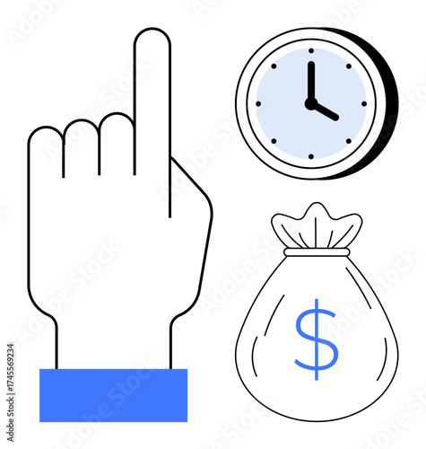 Hand pointing upward near clock and dollar sack symbolizing importance of prioritizing time and money. Ideal for productivity, business planning, financial goals, efficiency, wealth management