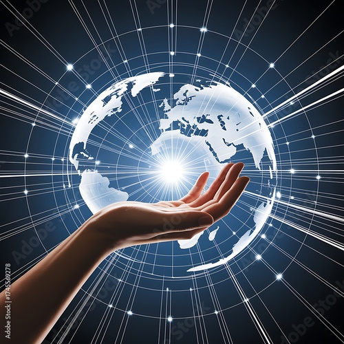 Conceptual 3D render of a woman's hand holding a glowing, stylized globe with digital network lines. A powerful symbol of global connectivity, technology, and environmental stewardship.
