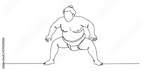 Continuous one line drawing of sumo wrestler in fighting position, symbolizing tradition, strength, and endurance, style vector illustration.
