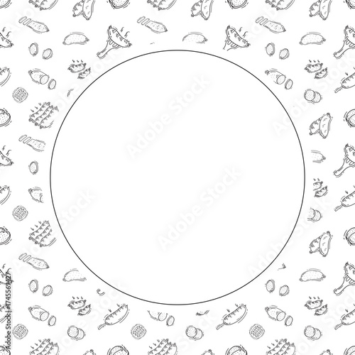 sausage frame. doodle grill sausage circle frame. hand drawn sausage frame background. grill sausage background