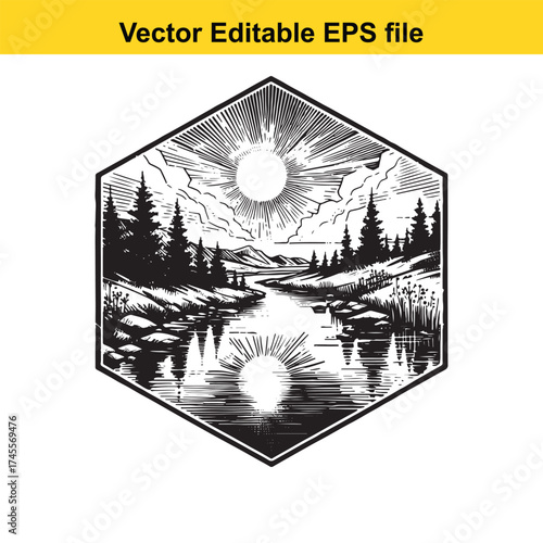 Vector art of mountainous river landscape with sun and trees