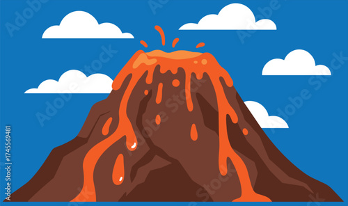 Volcano eruption, lava flow, cartoon volcano, volcanic mountain, magma explosion, natural disaster, erupting peak, geology illustration, bright sky, clouds