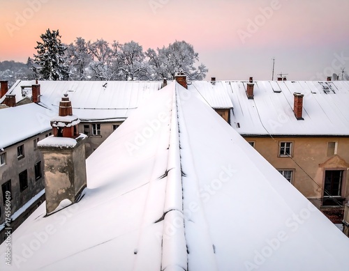 Snow-covered rooftop in a picturesque European village at sunset