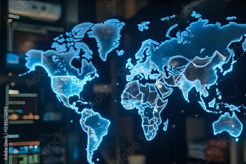 Futuristic technology background featuring data analytics, artificial intelligence, and database management systems connected through a global internet network