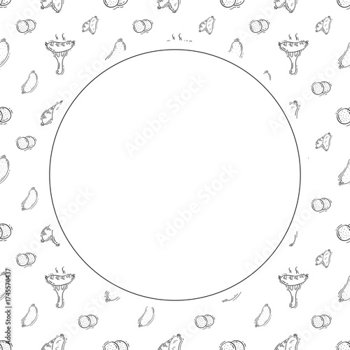 sausage frame. doodle grill sausage circle frame. hand drawn sausage frame background. grill sausage background