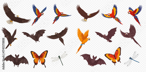 A collection of various flying animals including eagles, macaws, bats, butterflies, and dragonflies in different flight poses.