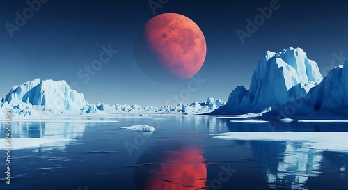 Arctic Landscape with Blood Moon Reflection on Icy Water