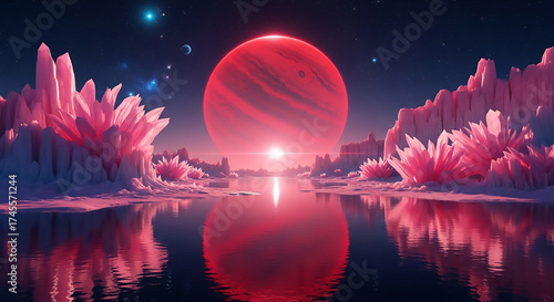 Exoplanet Landscape with Red Giant and Crystal Formations