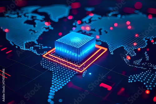 Futuristic technology background featuring data analytics, artificial intelligence, and database management systems connected through a global internet network