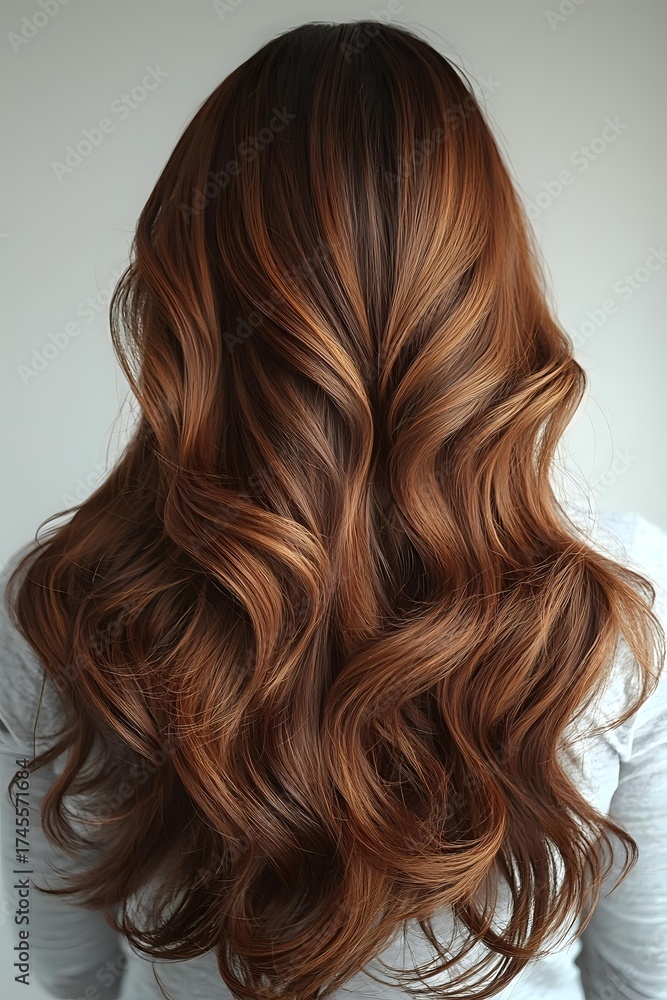 Fototapeta premium Luxurious wavy brown hair with copper balayage highlights shown from behind, demonstrating professional hair coloring and styling technique for salon marketing.