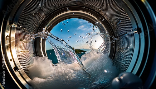 water splashes inside a washing machine drum creating soap suds and bubbles during the washing cycle offering a dynamic view of the laundry process
