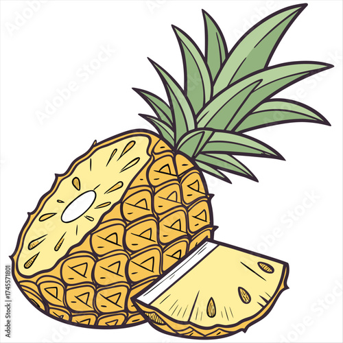 A vibrant, sun-kissed slice of pineapple, juicy and ready to tempt your taste buds, showcasing its golden-yellow flesh against a bright white background