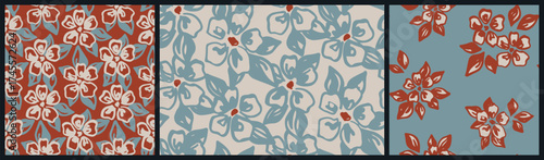 Seamless floral pattern, stylish ditsy print with sketch plants in a retro motif. Artistic botanical design of hand drawn daisy flowers, leaves, bouquets. Creative graphics, vector illustration.