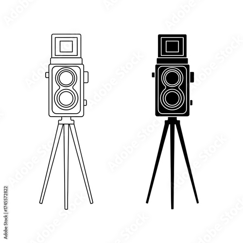 Vector art of vintage twin lens reflex camera on tripod, outline and solid