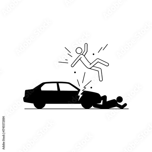 Vector art of car accident with stick figure victim and car crash
