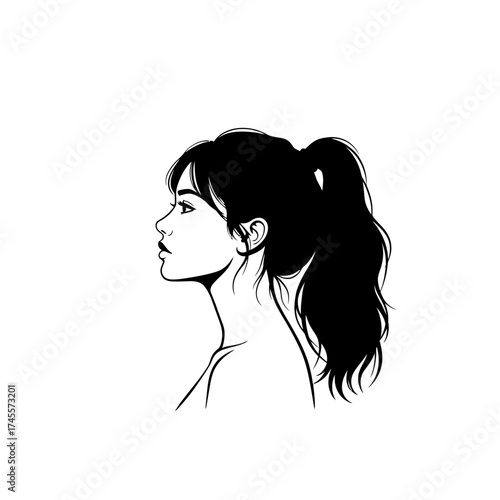 Vector art of profile of a young woman with a high ponytail
