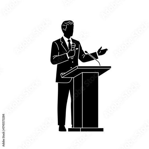 Vector art of man in suit speaking at podium with microphone