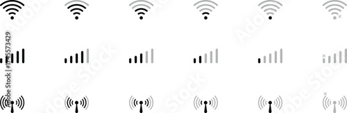 Vector illustration of telecom and mobile network icons featuring antenna, signal, tower, 5G, Wi-Fi, satellite, and mobile symbols in flat, line, and abstract styles for tech designs.