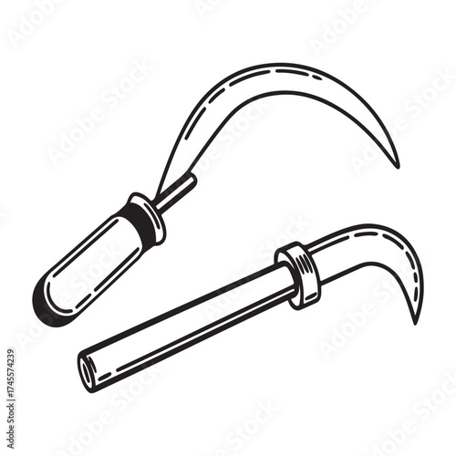 Two curved sickle tools, agricultural equipment, harvesting.