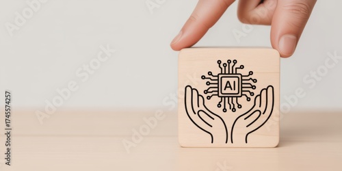 AI in Safe Hands: A hand gently cradles a wooden block bearing the symbol of artificial intelligence, representing trust and responsibility in the future of AI.