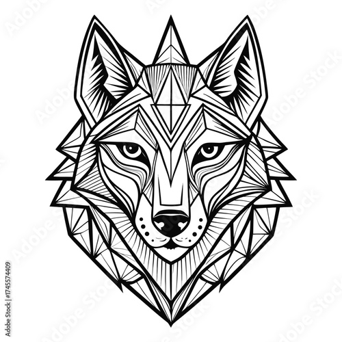 Abstract geometric wolf head illustration, black and white design art