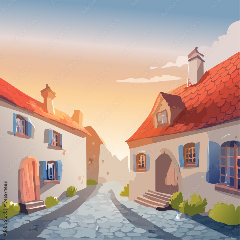 Naklejka premium European village street scene with stone buildings