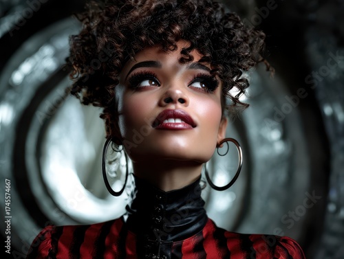 Curly-haired woman gazes up...