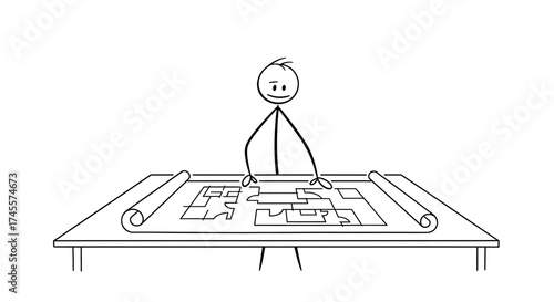 Stick Figure Architect Reviewing Blueprint Plans on Table - Design & Planning Concept