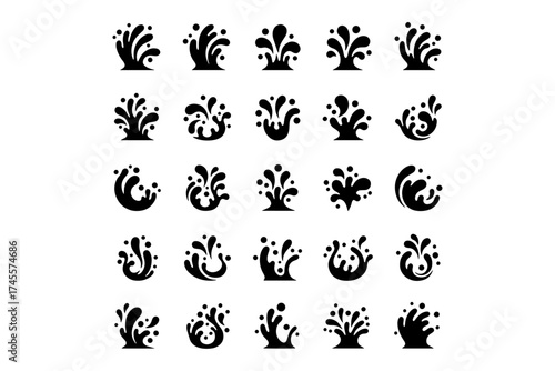 Water Splash Icons Vector,
Stylized Black Splash Shapes in Grid on White Background