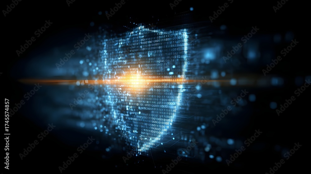 Obraz premium Glowing digital shield with binary code on dark background. Cybersecurity, data protection, digital security, technology, high-tech, network safety, information security, cyber defense, encryption, IT