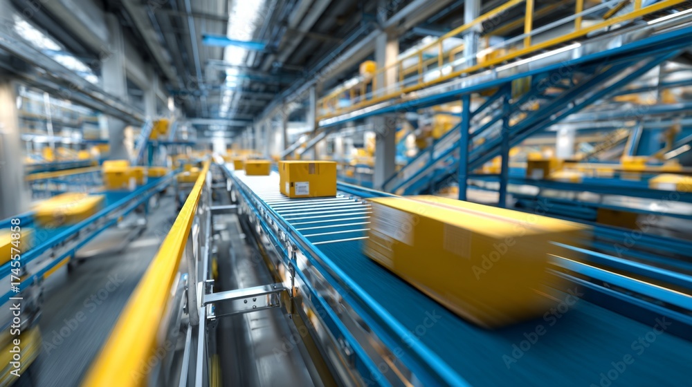 Fototapeta premium Yellow parcels moving on automated blue conveyor system in modern logistics warehouse