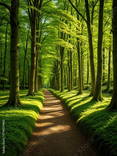 Serene forest path with vibrant green trees and dappled sunlight