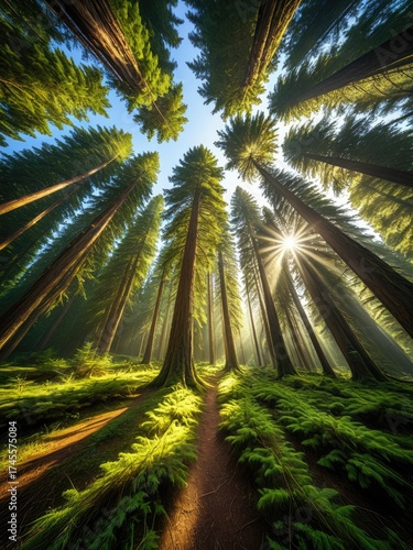 Towering trees reach for sunlight filtering through the canopy, vibrant forest floor