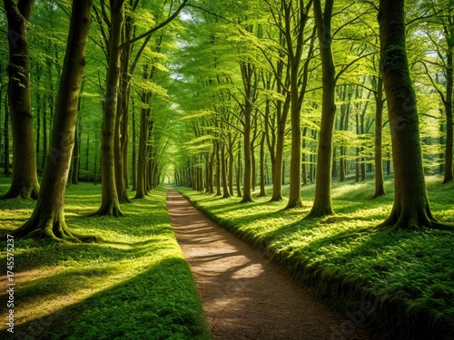 Lush green forest path, sunlight dappling through tall trees, nature's beauty