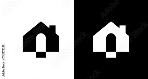 Modern real estate logo design, minimalist house icon for property business, black and white graphic symbol