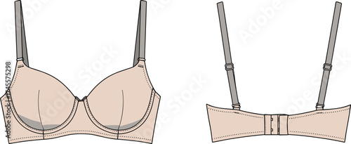 Beige bra front and back view, lingerie design illustration, underwire support, adjustable straps, fashion garment, intimate apparel, clothing detail, vector