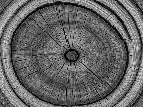 Close-up of a tree stump's intricate rings in grayscale