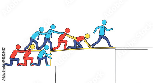 Teamwork and collaboration concept. Group of stick figures forming a human bridge to cross a gap for one person.