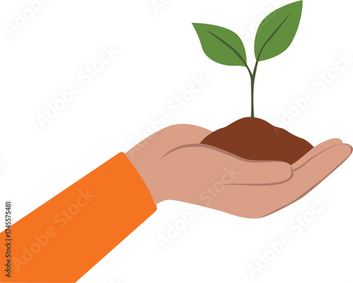 Vector illustration of a human hand gently holding soil with a small sprouting plant, representing growth and care.