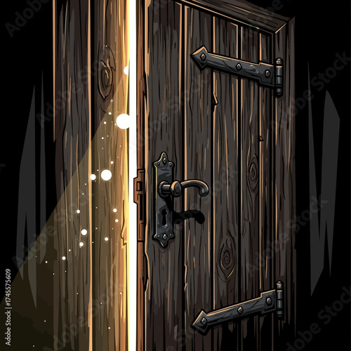 Old wooden door opening to reveal a mysterious magical light.