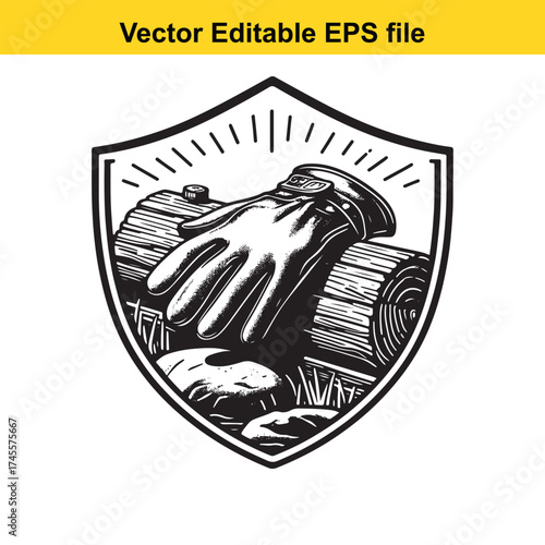 Vector art of glove on a log in a stream, vector emblem
