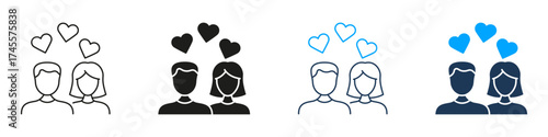 Couple With Hearts Line And Solid Icon Set. Romantic Relationship, Love, And Affection Symbol Collection. Valentines Day, Partnership, And Connection. Isolated Vector Illustration
