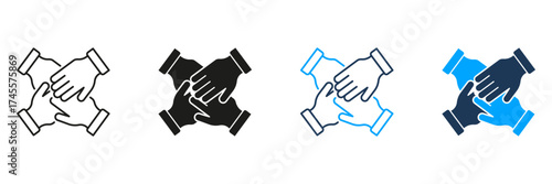 Four Hands In Unity Line And Solid Icon Set. Teamwork, Collaboration, And Partnership Symbol Collection. Business Cooperation And Support. Isolated Vector Illustration