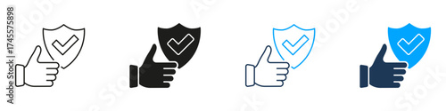Thumbs Up With Shield And Checkmark Line And Solid Icon Set. Security Approval, Trust, And Quality Assurance Symbol Collection. Positive Feedback And Protection. Isolated Vector Illustration
