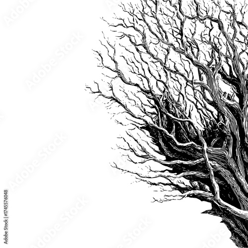 Black and white drawing of bare tree branches illustration for graphic design and nature themed projects