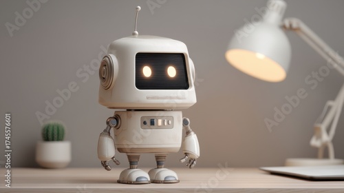 Charming vintage robot figure with glowing eyes on a desk next to a lamp, symbolizing technology and creativity in a modern workspace setting