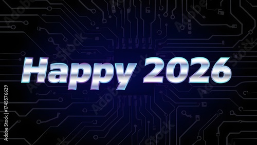 Futuristic Happy 2026 New Year Celebration with Circuit Board Background and Chrome Effect Text