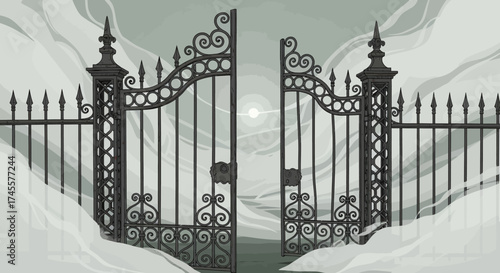 Ornate Wrought Iron Gates Standing Open in a Winter Landscape.